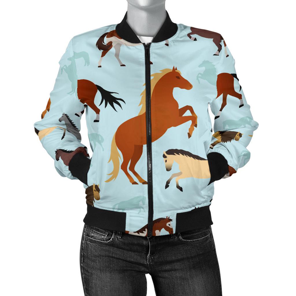 Horse Cute Themed Pattern Print Women Casual Bomber Jacket