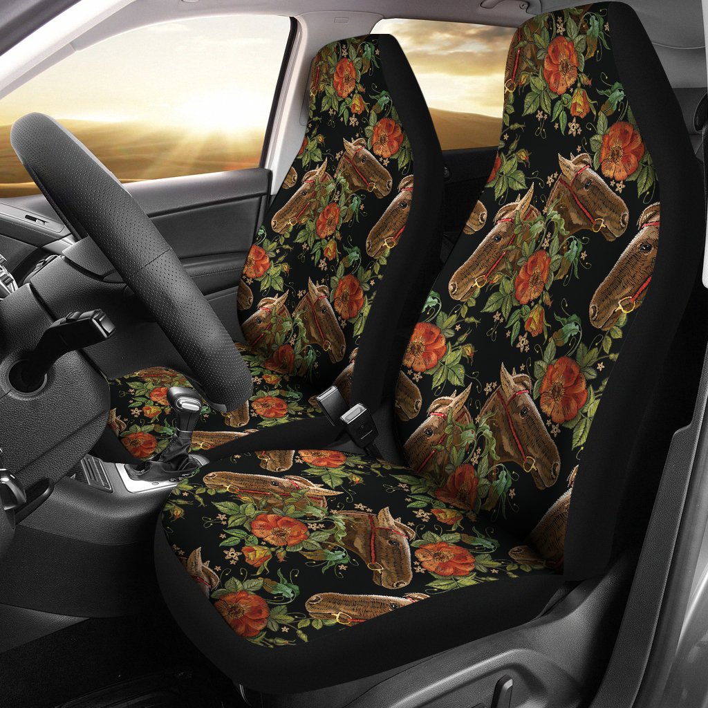 Horse Embroidery With Flower Design Universal Fit Car Seat Covers