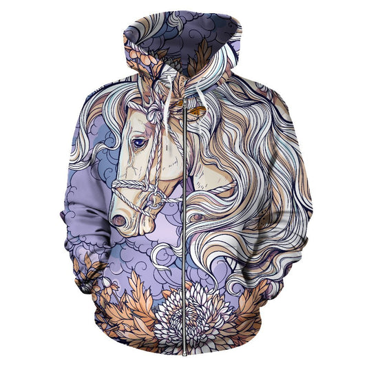 Horse Floral Women Men Zip Up Hoodie