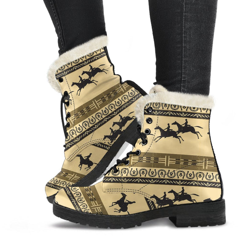 Horse Pattern Print Faux Fur Leather Boots