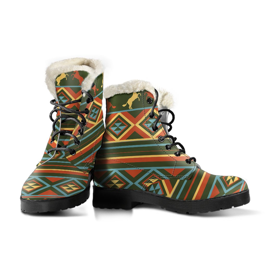 Horse Western Pattern Faux Fur Leather Boots