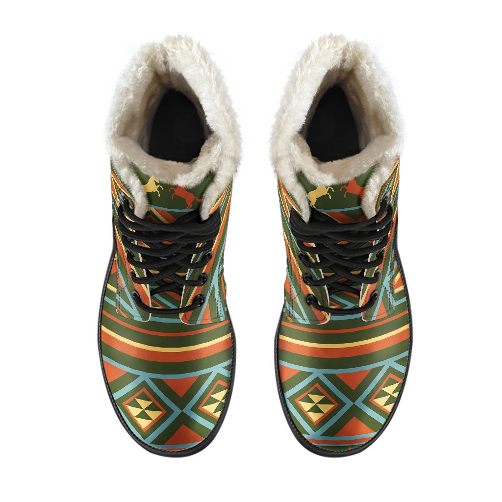 Horse Western Pattern Faux Fur Leather Boots