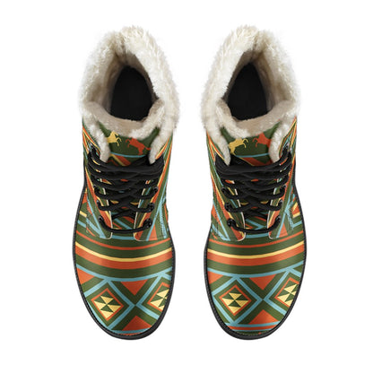 Horse Western Pattern Faux Fur Leather Boots