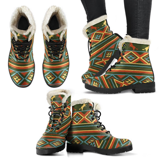 Horse Western Pattern Faux Fur Leather Boots