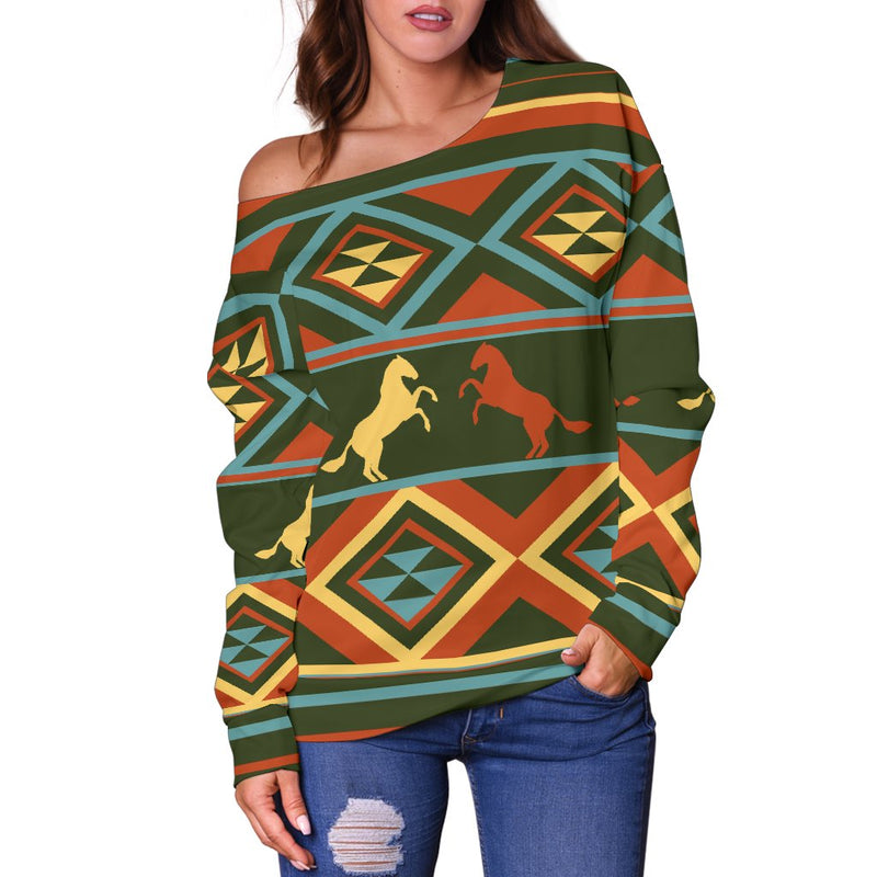 Horse Western Pattern Off Shoulder Sweatshirt