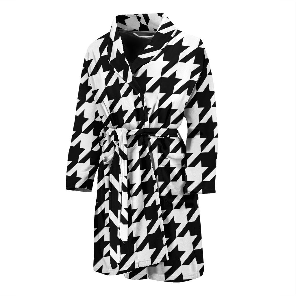 Houndstooth Black White Pattern Print Design 05 Men Bathrobe-JORJUNE.COM
