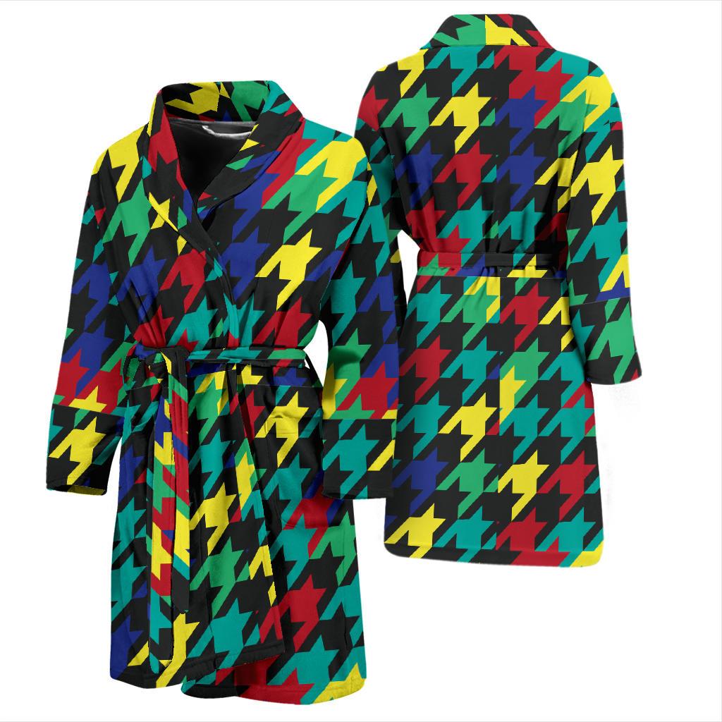 Houndstooth Colorful Pattern Print Design 02 Men Bathrobe-JORJUNE.COM