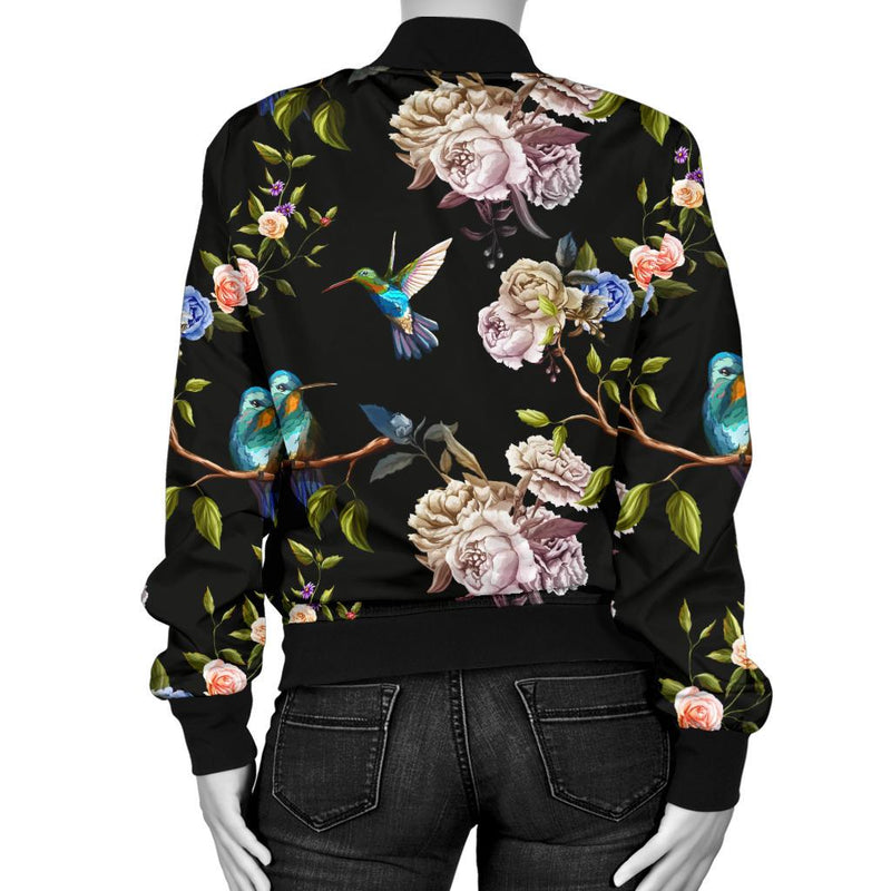 Hummingbird Flower Themed Print Women Casual Bomber Jacket