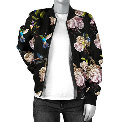 Hummingbird Flower Themed Print Women Casual Bomber Jacket