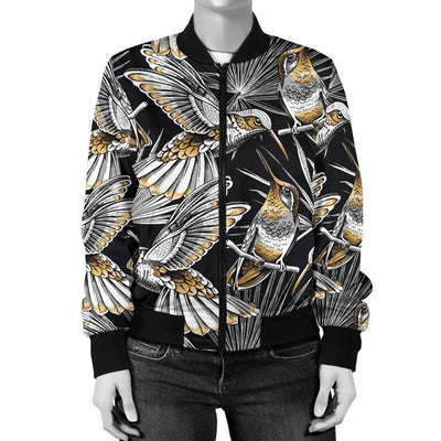 Hummingbird Gold Design Themed Print Women Casual Bomber Jacket