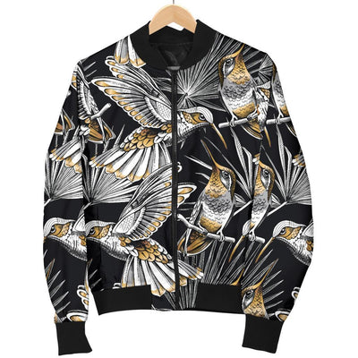 Hummingbird Gold Design Themed Print Women Casual Bomber Jacket