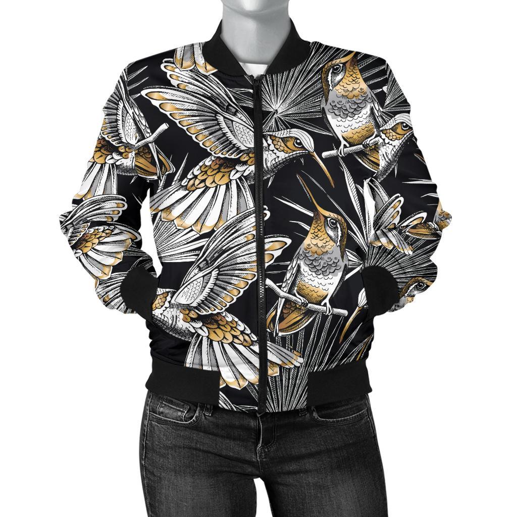 Hummingbird Gold Design Themed Print Women Casual Bomber Jacket