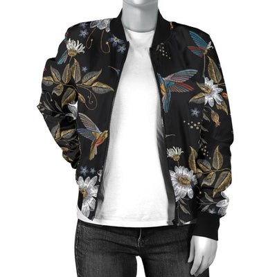Hummingbird with Embroidery Themed Print Women Casual Bomber Jacket