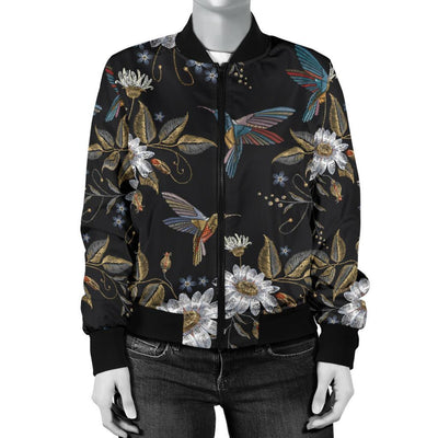 Hummingbird with Embroidery Themed Print Women Casual Bomber Jacket