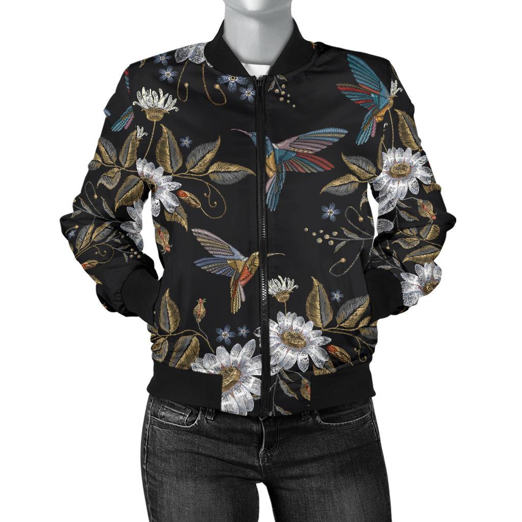 Hummingbird with Embroidery Themed Print Women Casual Bomber Jacket