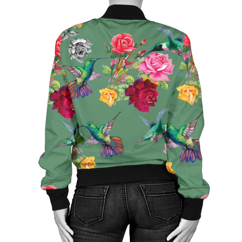 Hummingbird With Rose Themed Print Women Casual Bomber Jacket