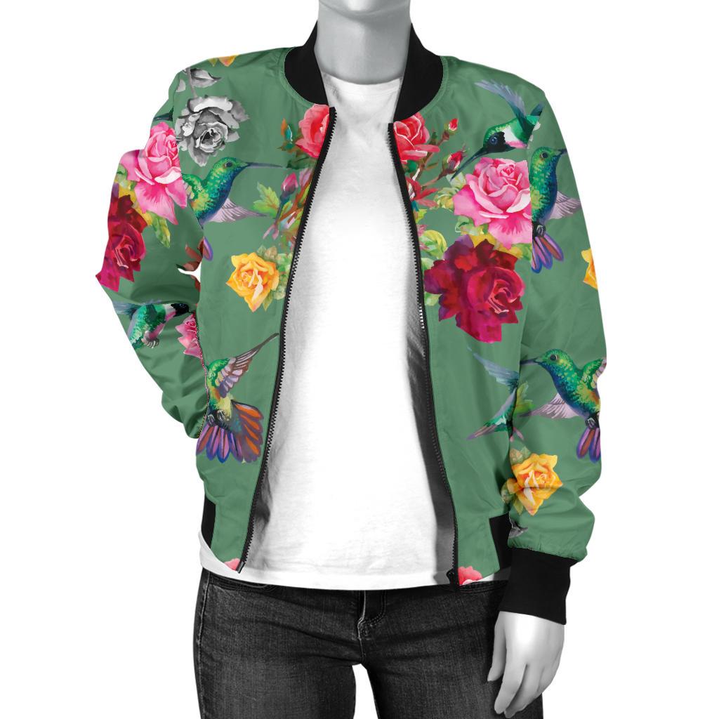 Hummingbird With Rose Themed Print Women Casual Bomber Jacket