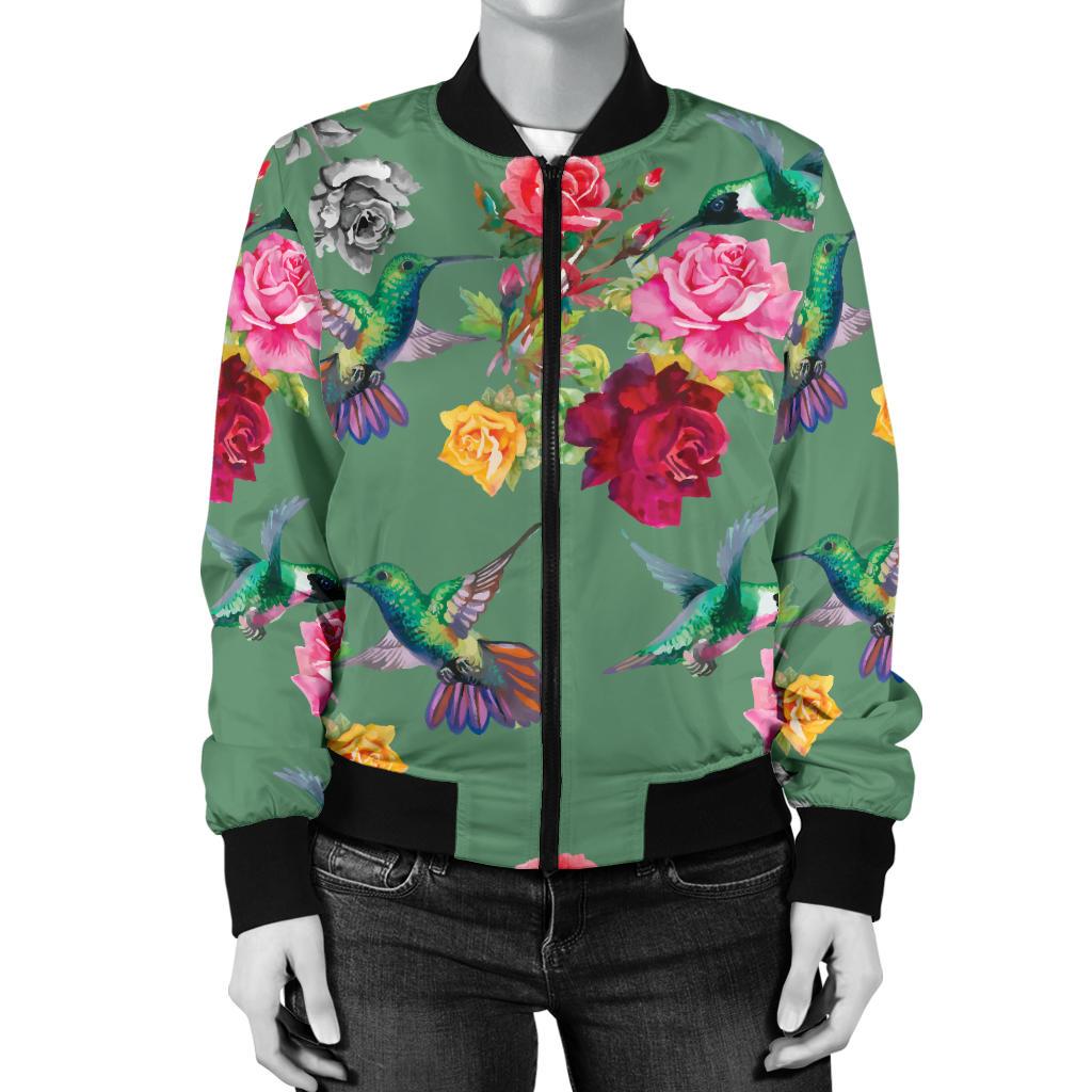 Hummingbird With Rose Themed Print Women Casual Bomber Jacket