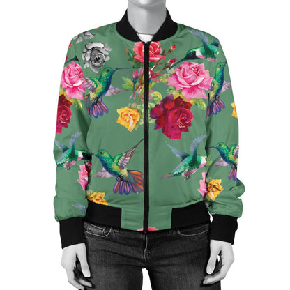 Hummingbird With Rose Themed Print Women Casual Bomber Jacket