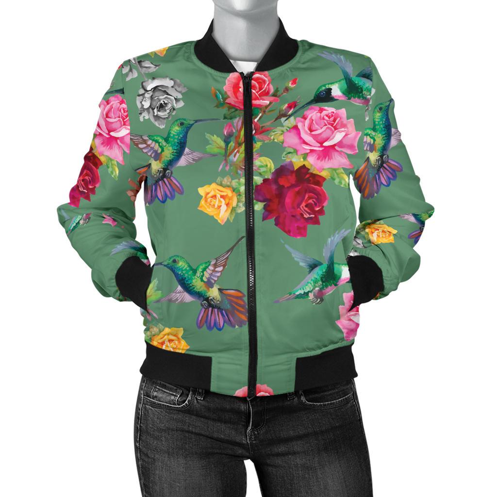 Hummingbird With Rose Themed Print Women Casual Bomber Jacket
