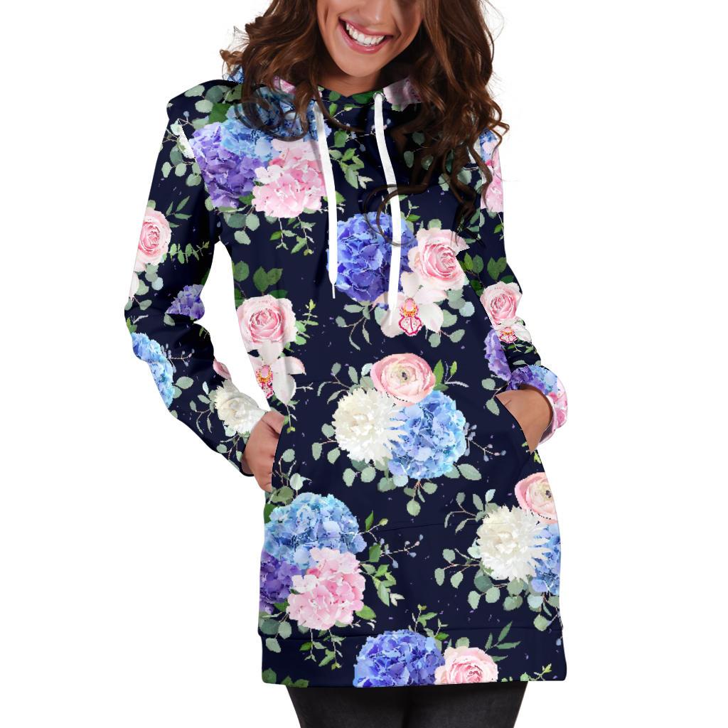 Hydrangea Pattern Print Design HD01 Women Hoodie Dress
