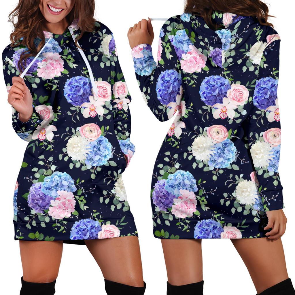 Hydrangea Pattern Print Design HD01 Women Hoodie Dress