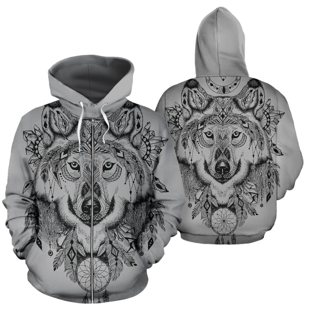 Indian Boho Wolf All Over Zip Up Hoodie