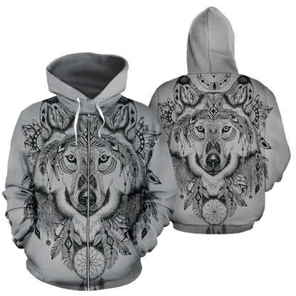 Indian Boho Wolf All Over Zip Up Hoodie