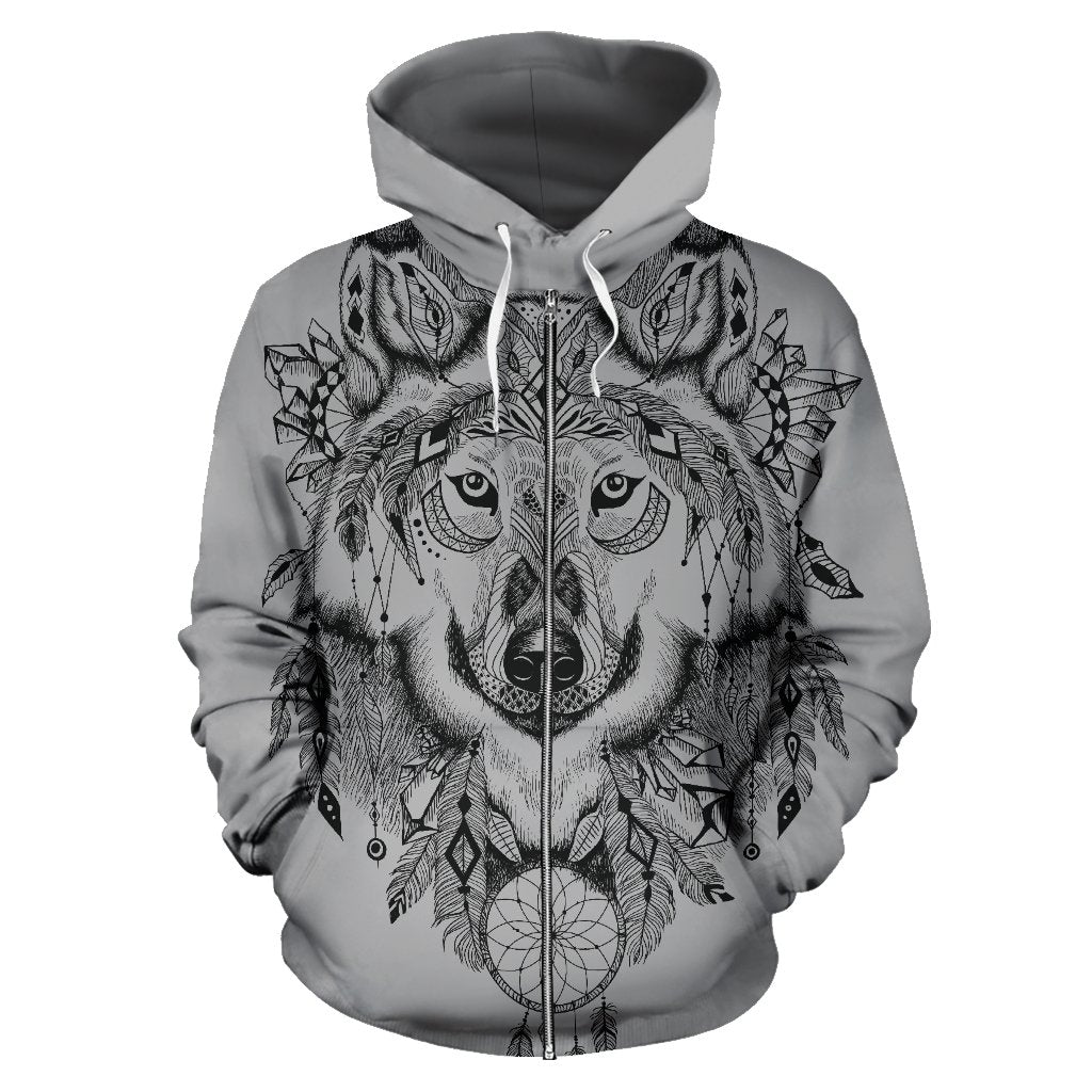 Indian Boho Wolf All Over Zip Up Hoodie