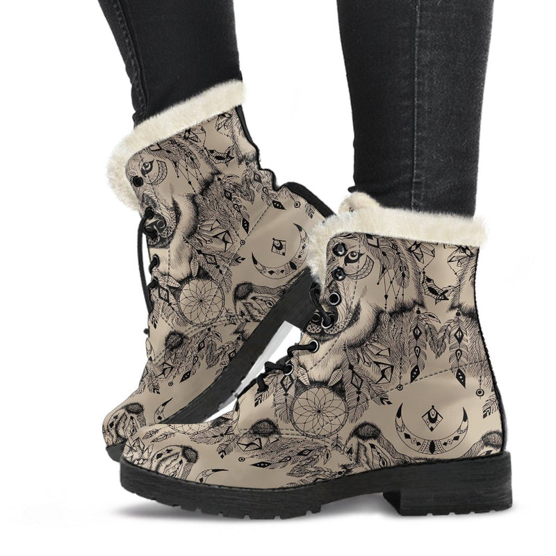 Indian Boho Wolf Faux Fur Leather Boots