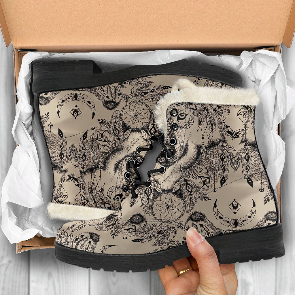 Indian Boho Wolf Faux Fur Leather Boots