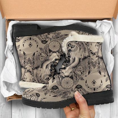 Indian Boho Wolf Faux Fur Leather Boots