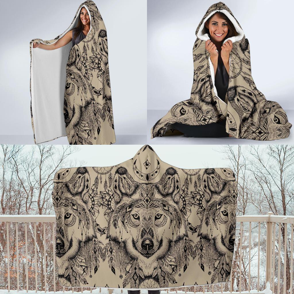 Indian Boho Wolf Hooded Blanket-JORJUNE.COM