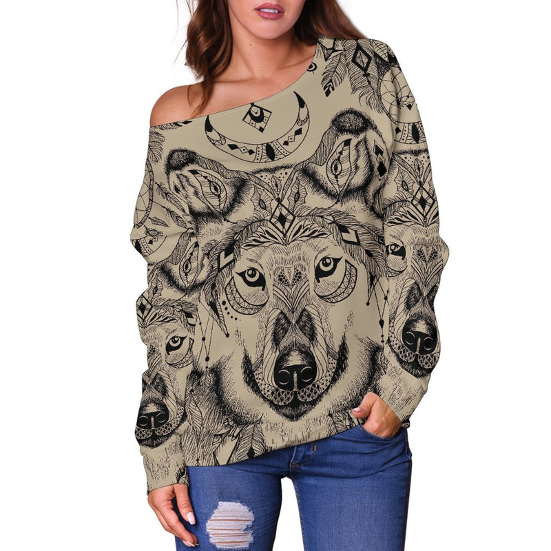 Indian Boho Wolf Off Shoulder Sweatshirt