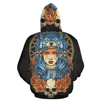 Indian Girl Wolf All Over Zip Up Hoodie