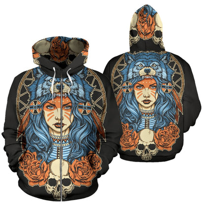 Indian Girl Wolf All Over Zip Up Hoodie