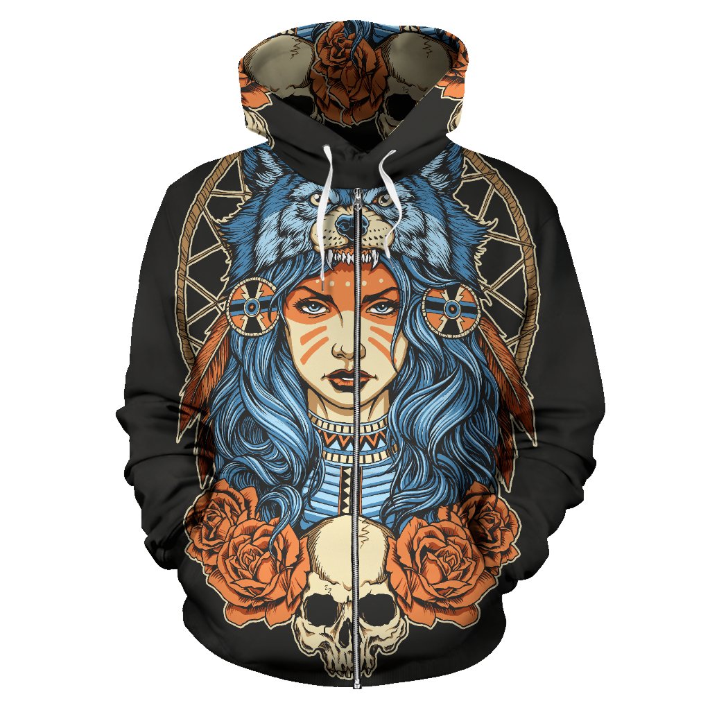 Indian Girl Wolf All Over Zip Up Hoodie