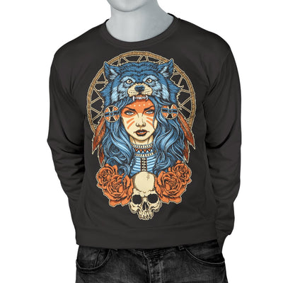 Indian Girl Wolf Men Crewneck Sweatshirt