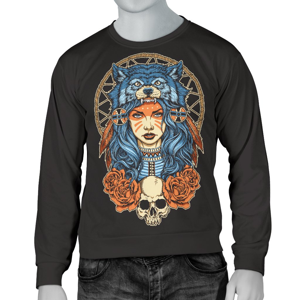 Indian Girl Wolf Men Crewneck Sweatshirt