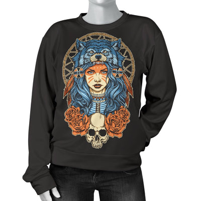 Indian Girl Wolf Women Crewneck Sweatshirt