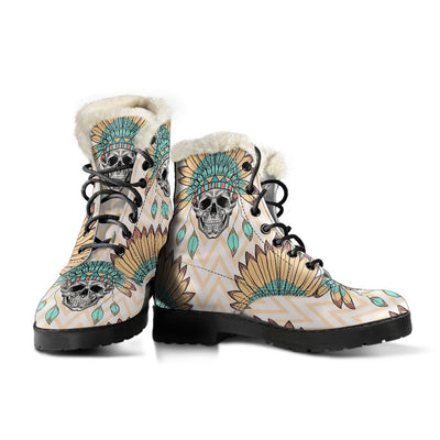 Indian Skull Pattern Faux Fur Leather Boots