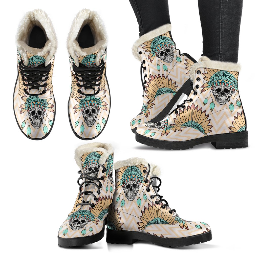 Indian Skull Pattern Faux Fur Leather Boots