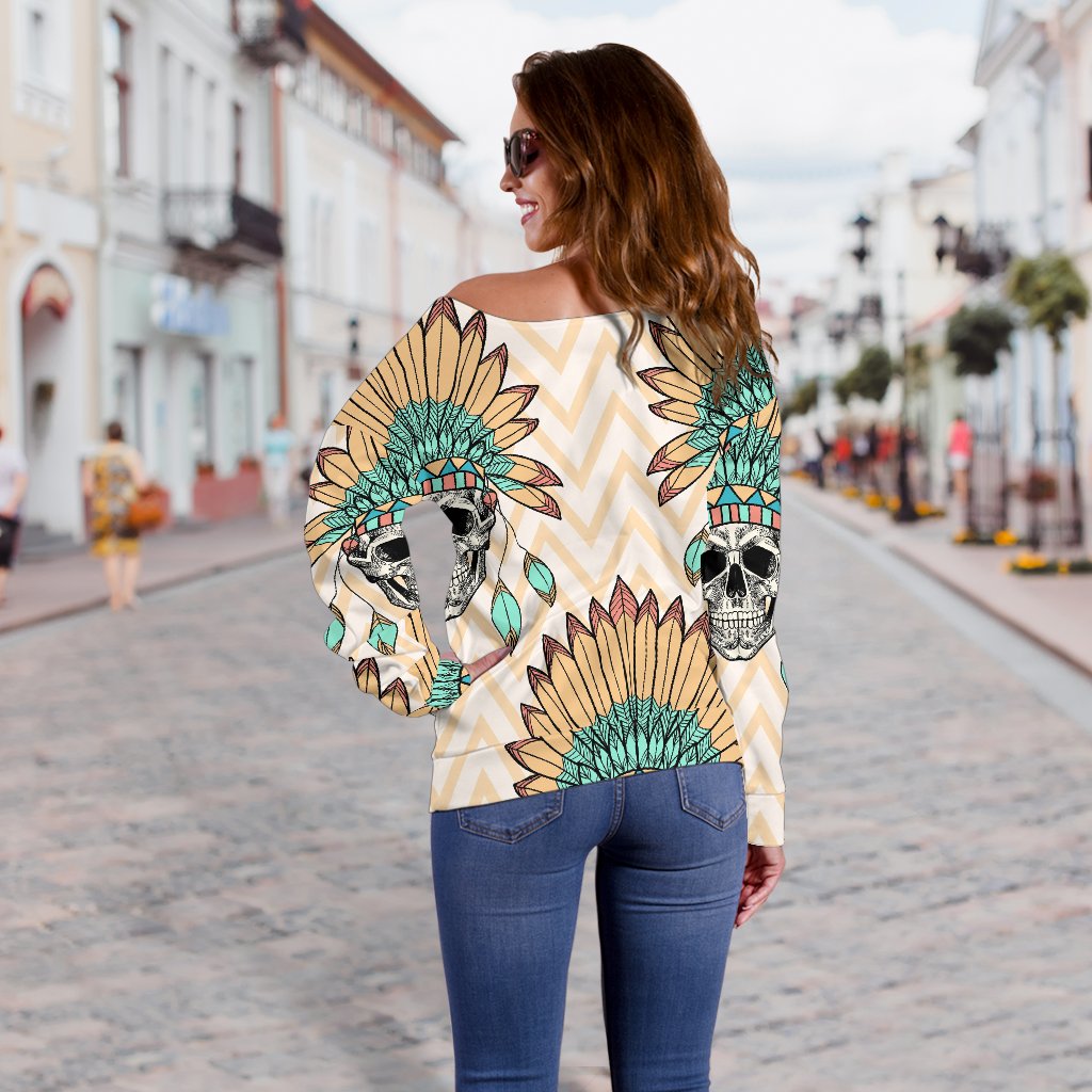 Indian Skull Pattern Off Shoulder Sweatshirt