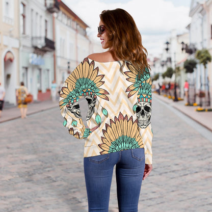 Indian Skull Pattern Off Shoulder Sweatshirt
