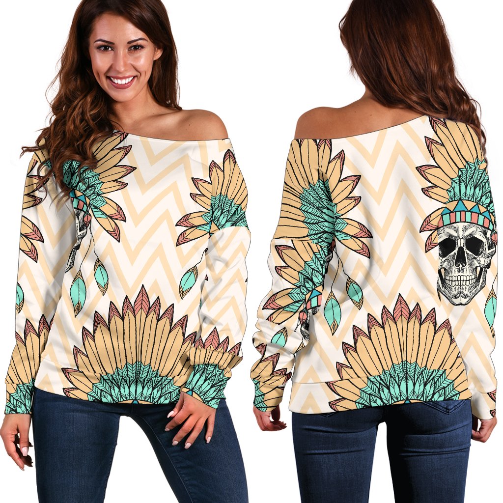 Indian Skull Pattern Off Shoulder Sweatshirt