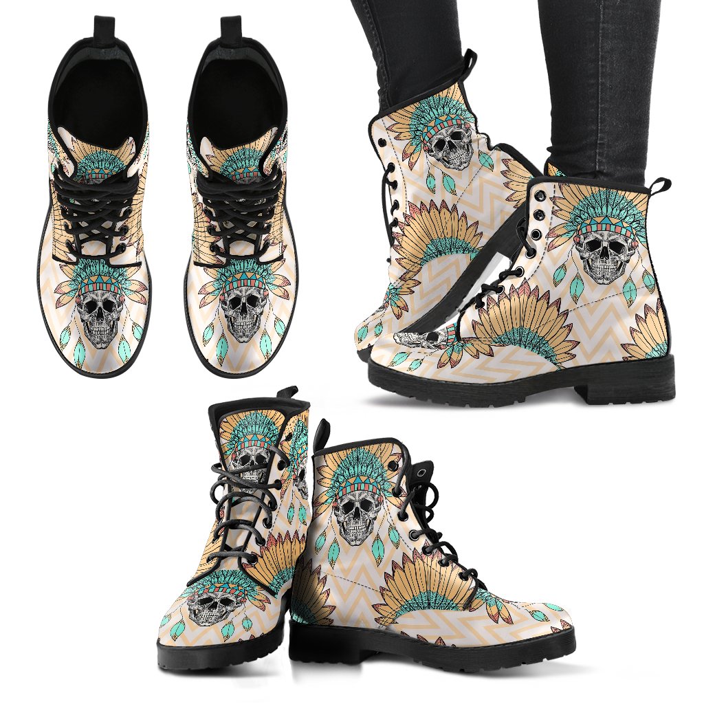 Indian Skull Pattern Women Leather Boots