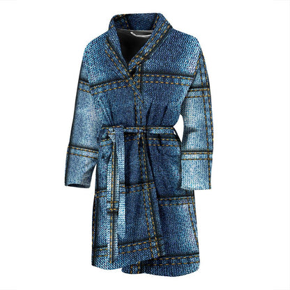 Jean Patchwork Pattern Print Design 02 Men Bathrobe-JORJUNE.COM