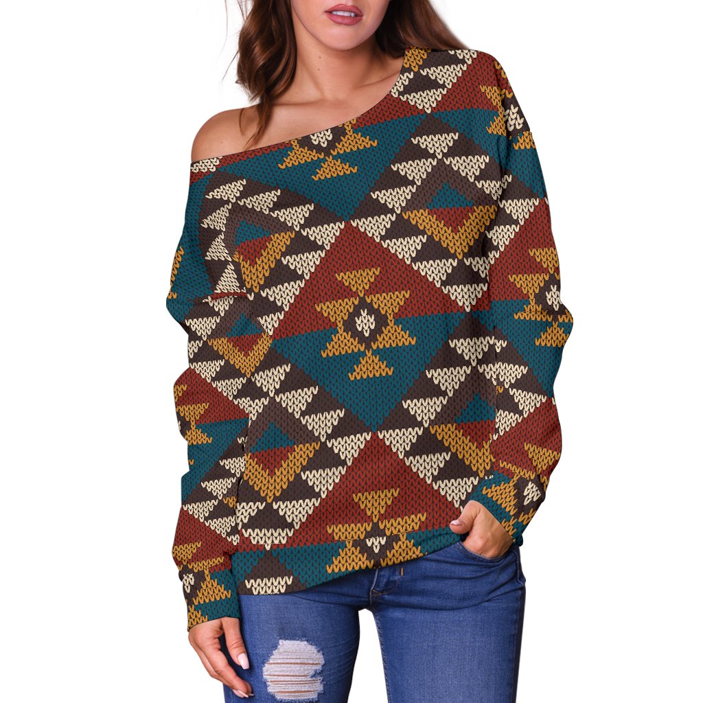 Knit Aztec Tribal Off Shoulder Sweatshirt