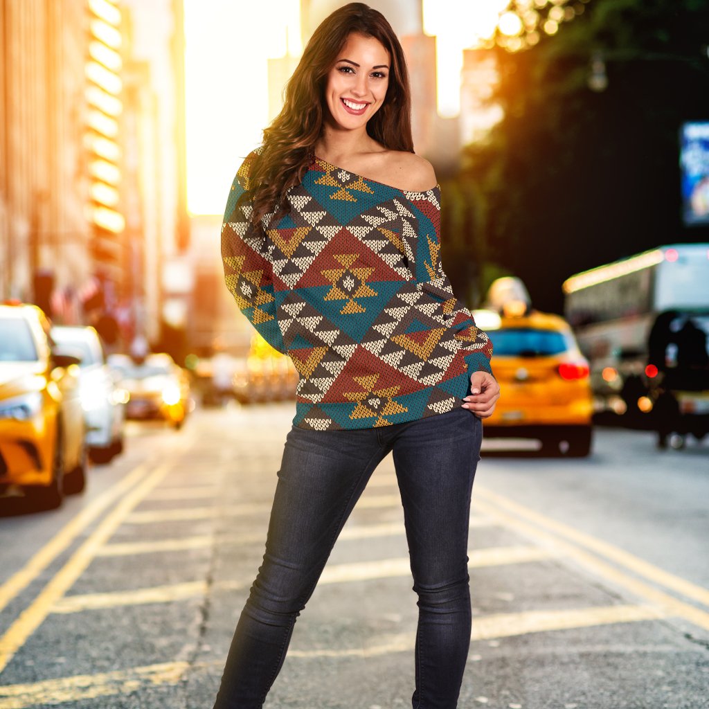 Knit Aztec Tribal Off Shoulder Sweatshirt