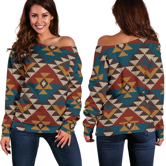 Knit Aztec Tribal Off Shoulder Sweatshirt